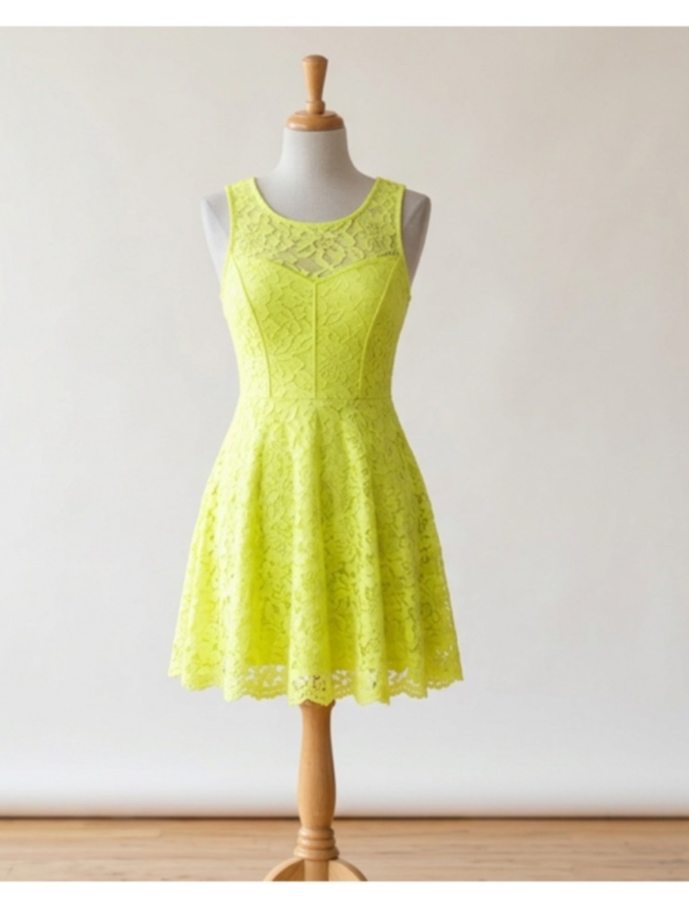 Self Esteem NEON YELLOW Floral Lace Fit & Flare Skater Dress Size Large